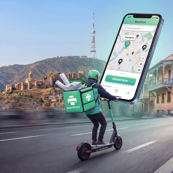 StartPrint mobile app interface showing document upload in Georgia
